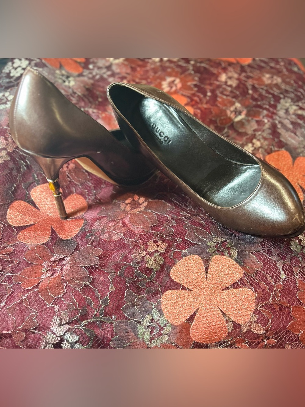 Gucci Brown Leather High Heel Platform Pumps w Bamboo Detail Heels